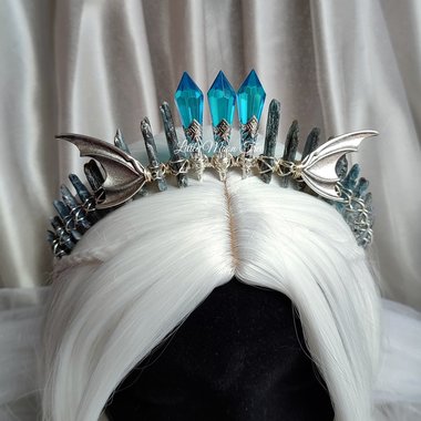 Dragon Queen Crown with blue kyanite, glass crystals and silver dragon wings.