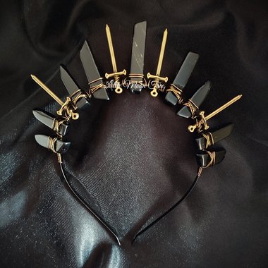 Warrior Princess Crown with black agate and bronze swords.