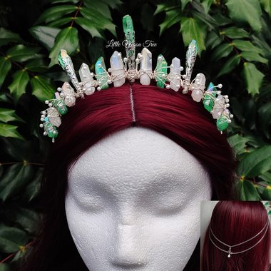 Green Spirit Crown with green and aura quartz, pearl beads and silver head chain with Celtic knot.