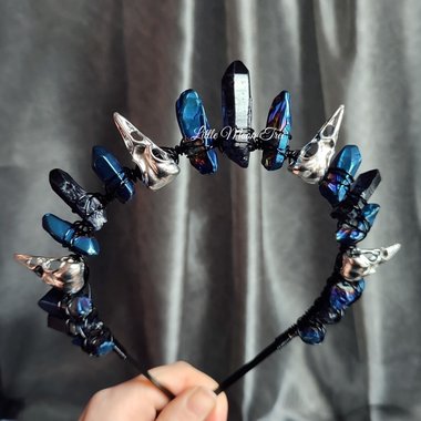 Mystic Crow Crown with black and blue titanium quartz and silver crow skulls.