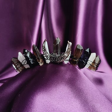 Ahmanet Crown with smokey quartz, white quartz, black quartz and filigree moon.