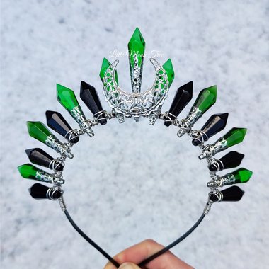 Poison Ivy crown with black and green glass crystals and silver moon.