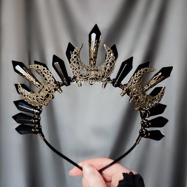 Night Queen Crown with black glass crystals and bronze moons.