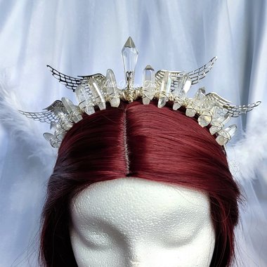Angelus Crown with aura quartz, glass crystal and silver filigree wings.