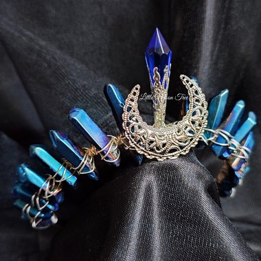 Selene crown with blue titanium quartz, glass crystal and filigree moon.