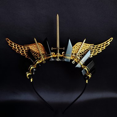 Valkyrie crown with black agate, bronze swords and gold filigree wings.