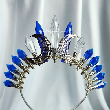 Astrid Crown with blue and clear glass crystals and crescent moons.
