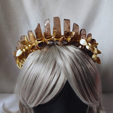 Athena crown with smokey quartz and gold or silver leaf ribbon.