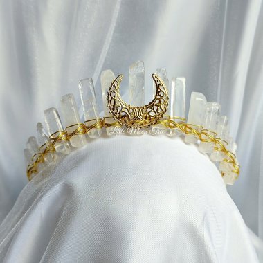 Elora crown with clear quartz and gold filigree moon.