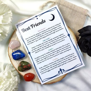 Crystals for best friends with rose quartz, lapis lazuli, unakite, carnelian and information card.