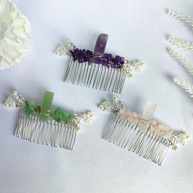 Silver combs with branches and crystal chips including rose quartz, amethyst and green aventurine.
