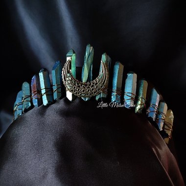 Galaxia Crown with blue titanium quartz and bronze filigree moon.