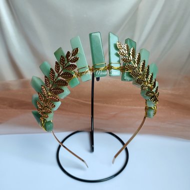 Hera Crown with green aventurine and gold laurel leaves.