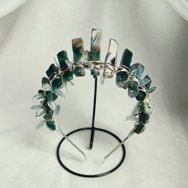 Mother Earth crystal crown with moss agate and leaves in gold or silver.